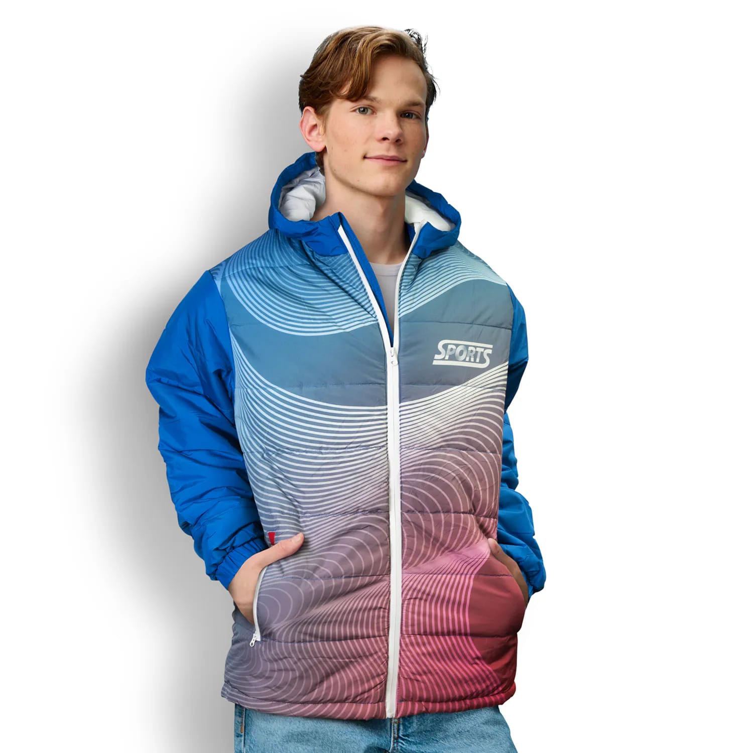 Custom Unisex Puffer Jacket – Fully Branded Polyester Jacket with Hood and Zippered Pockets