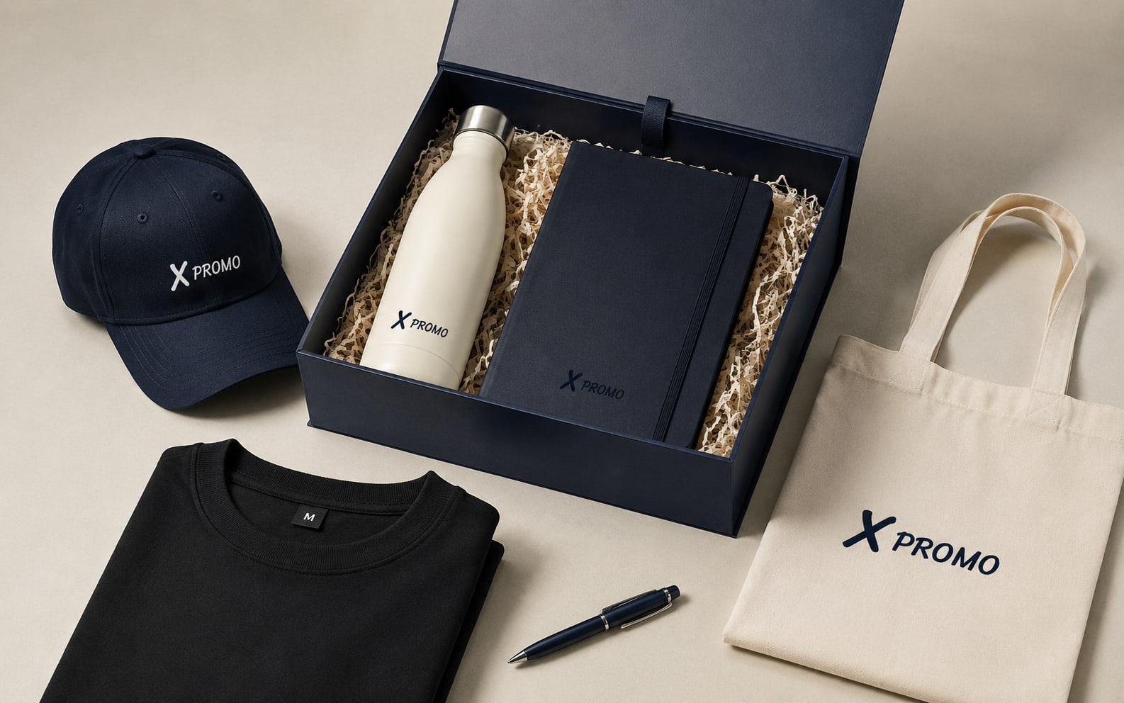 Branded Xpromo gift box with cap, drink bottle, notebook, t-shirt, pen and tote bag