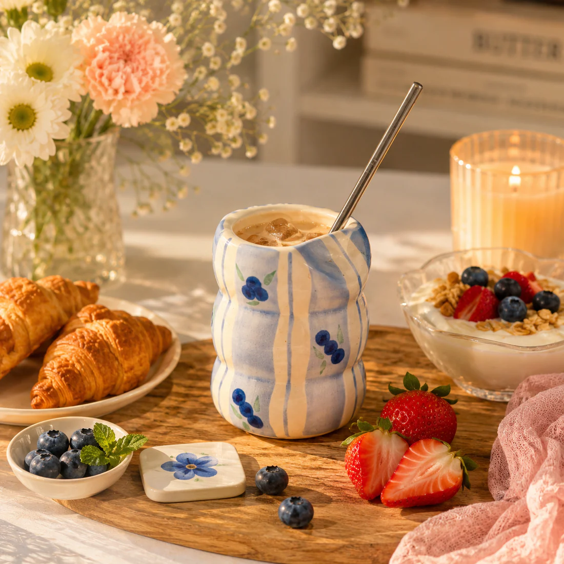 Blueberry Ripple Ceramic Tumbler with Steel Straw
