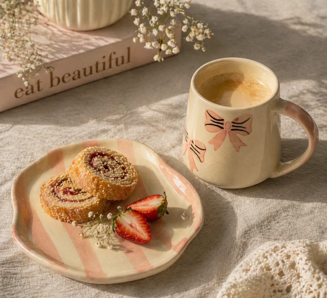 Bow Design Ceramic Mug & Plate Set