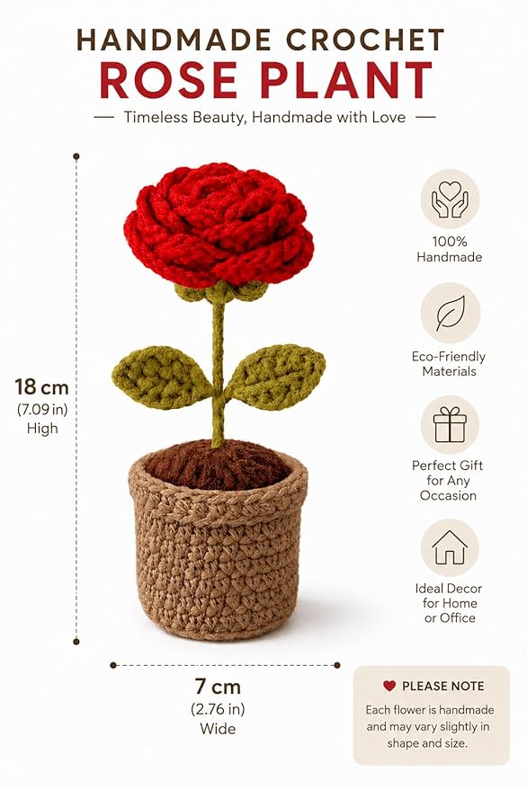 Handmade Crochet Rose Flower with Pot