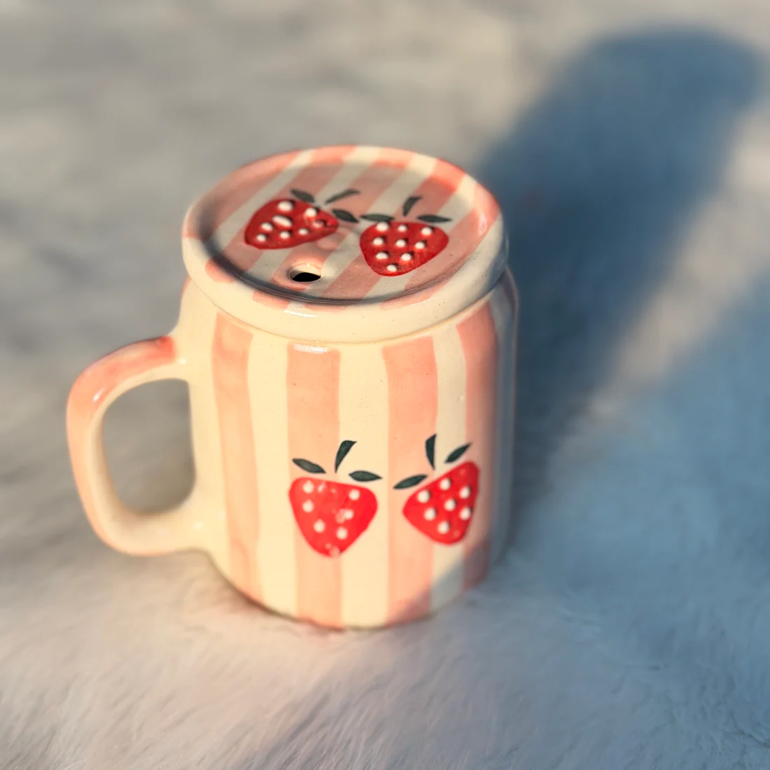 Strawberry Bliss Ceramic Mug with Lid & Steel Straw