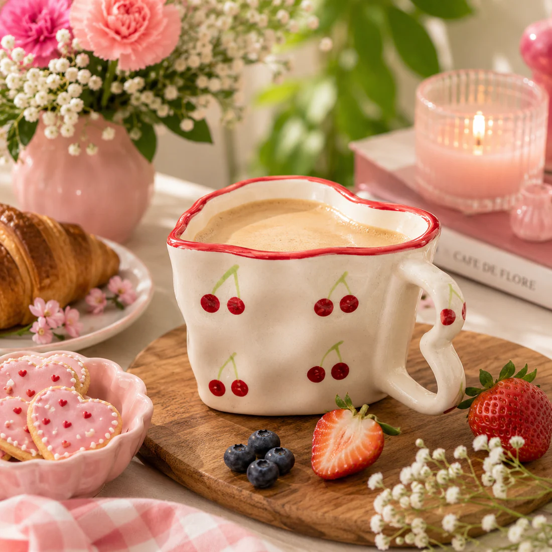 Cherry Bliss Heart Handle Coffee Mug