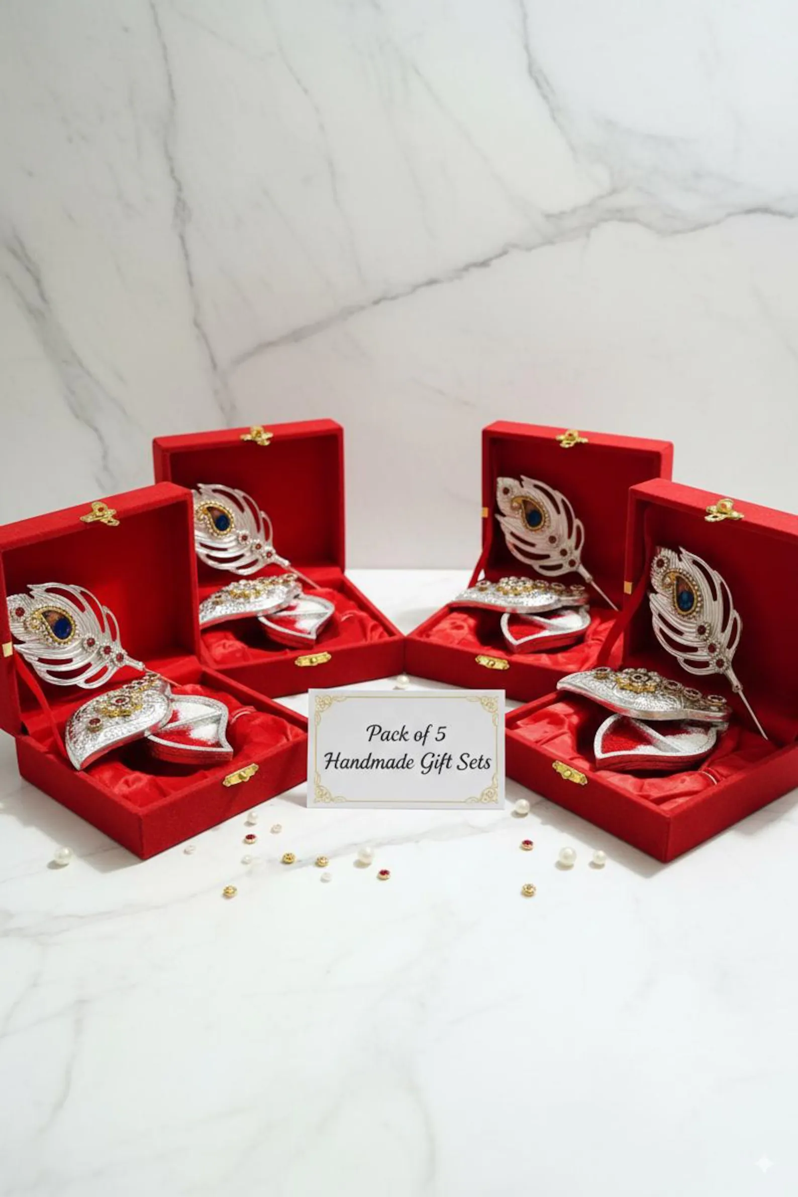 Silver Plated Kumkum Gift Sets, Peacock Feather Embellished Red Velvet Box