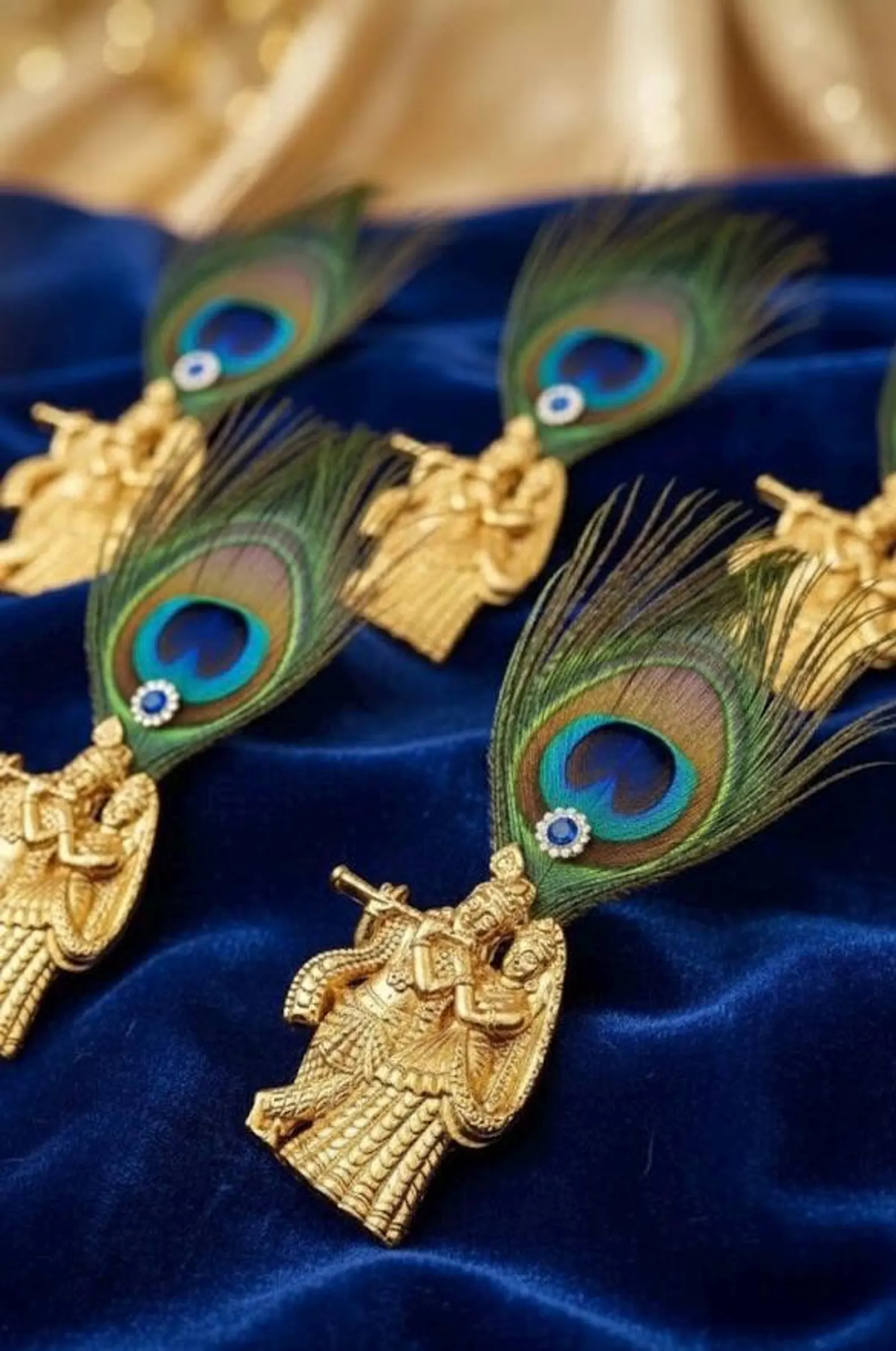 Gold Krishna Radha Brooch Pin, Peacock Feather, Indian Gift
