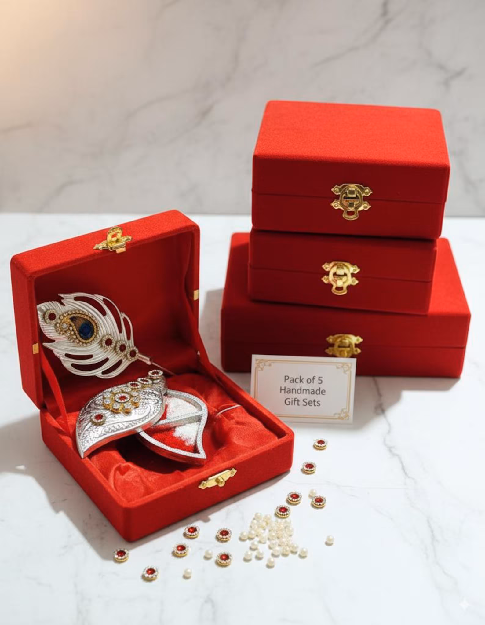 Silver Plated Kumkum Gift Sets, Peacock Feather Embellished Red Velvet Box