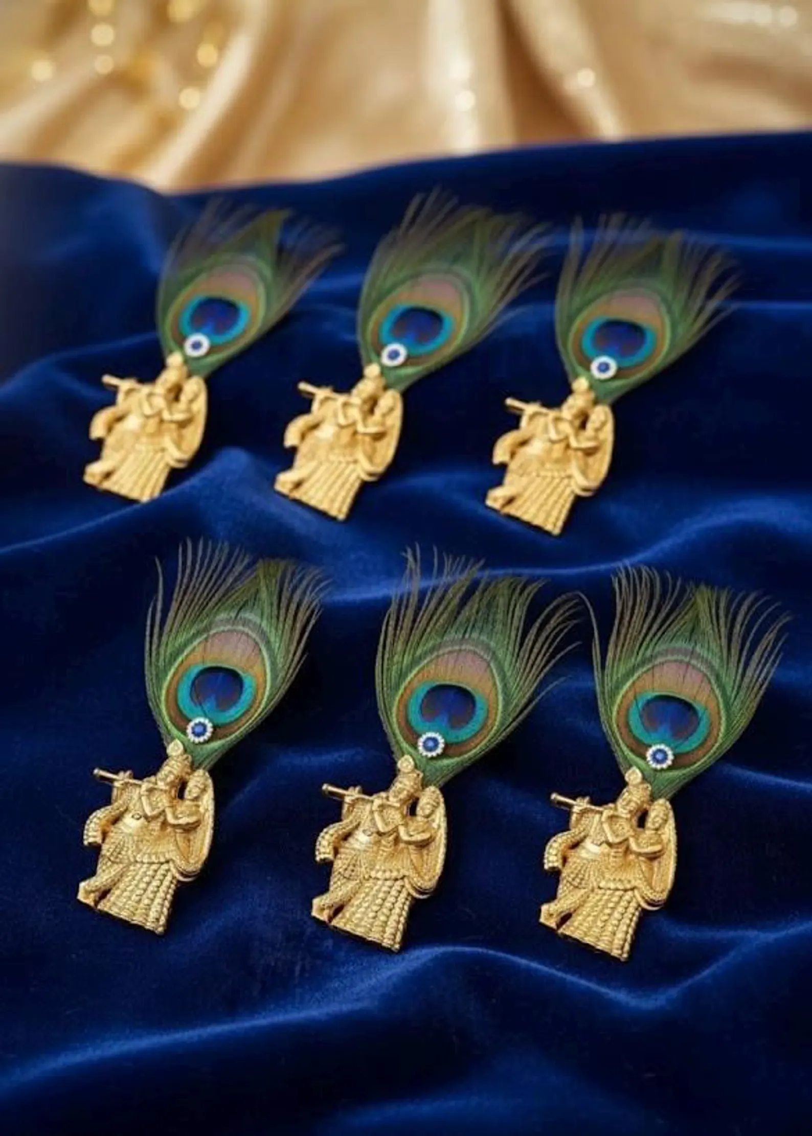 Gold Krishna Radha Brooch Pin, Peacock Feather, Indian Gift
