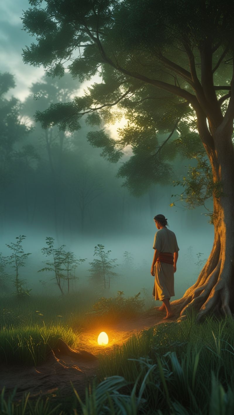 Rural Man Walking in Foggy Forest – Cinematic Misty Woodland Image