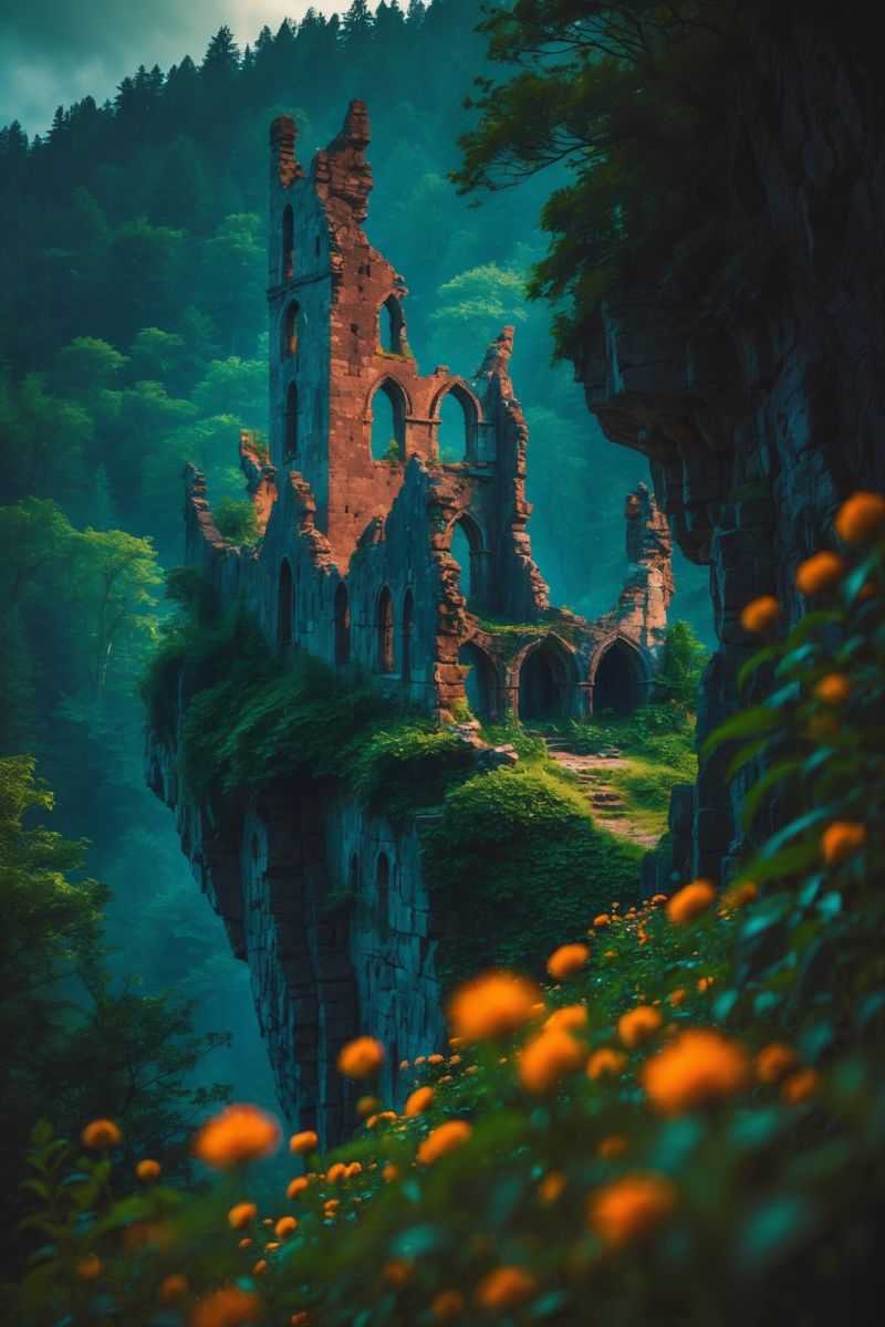 Ancient Ruins in Enchanted Forest – Fantasy Landscape Background