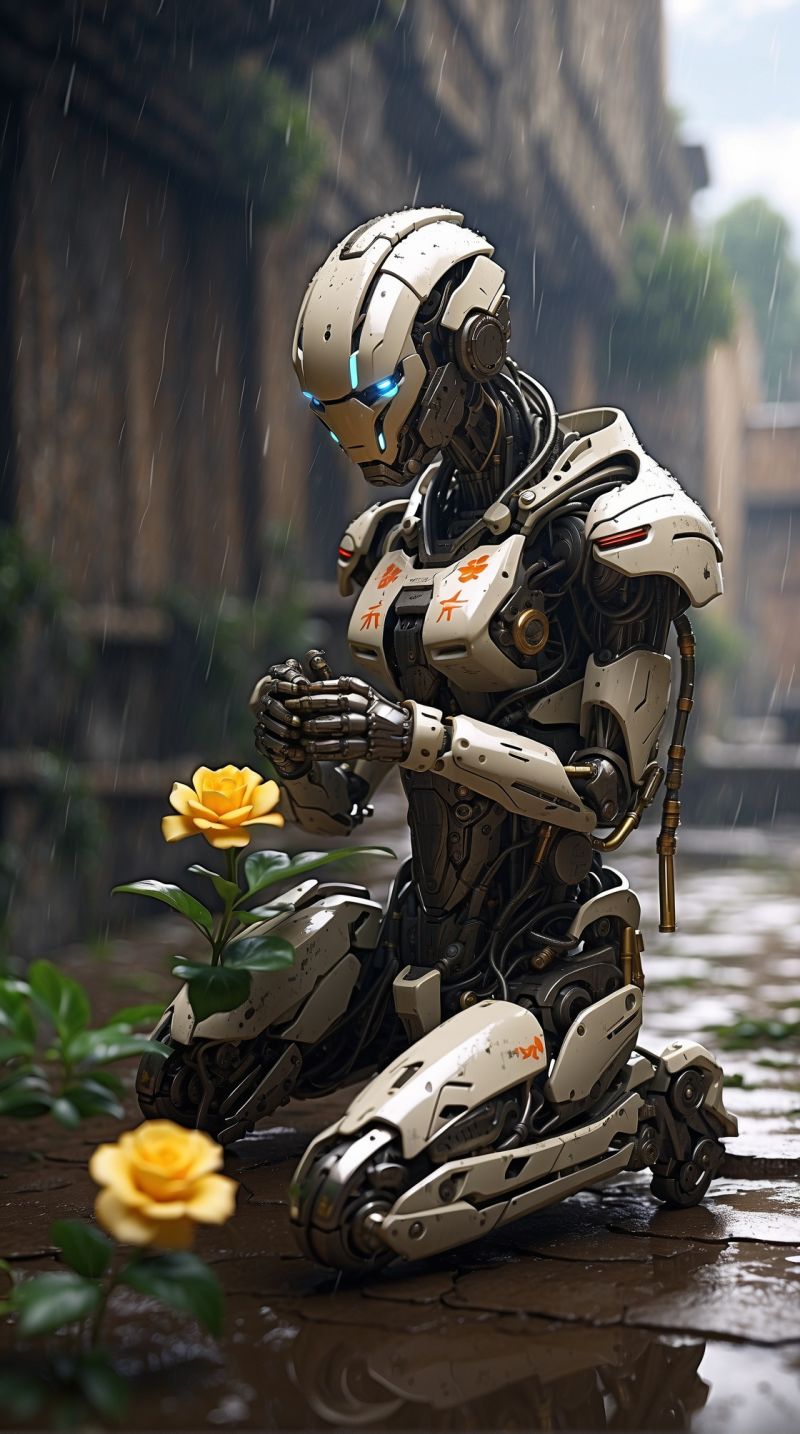 Futuristic Robot with Flowers Wallpaper – AI and Nature Aesthetic Background