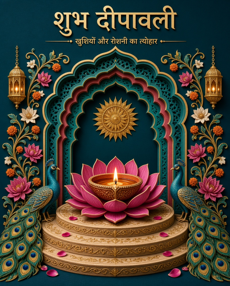 3D Shubh Deepawali AI Image: Diya & Peacock PNG