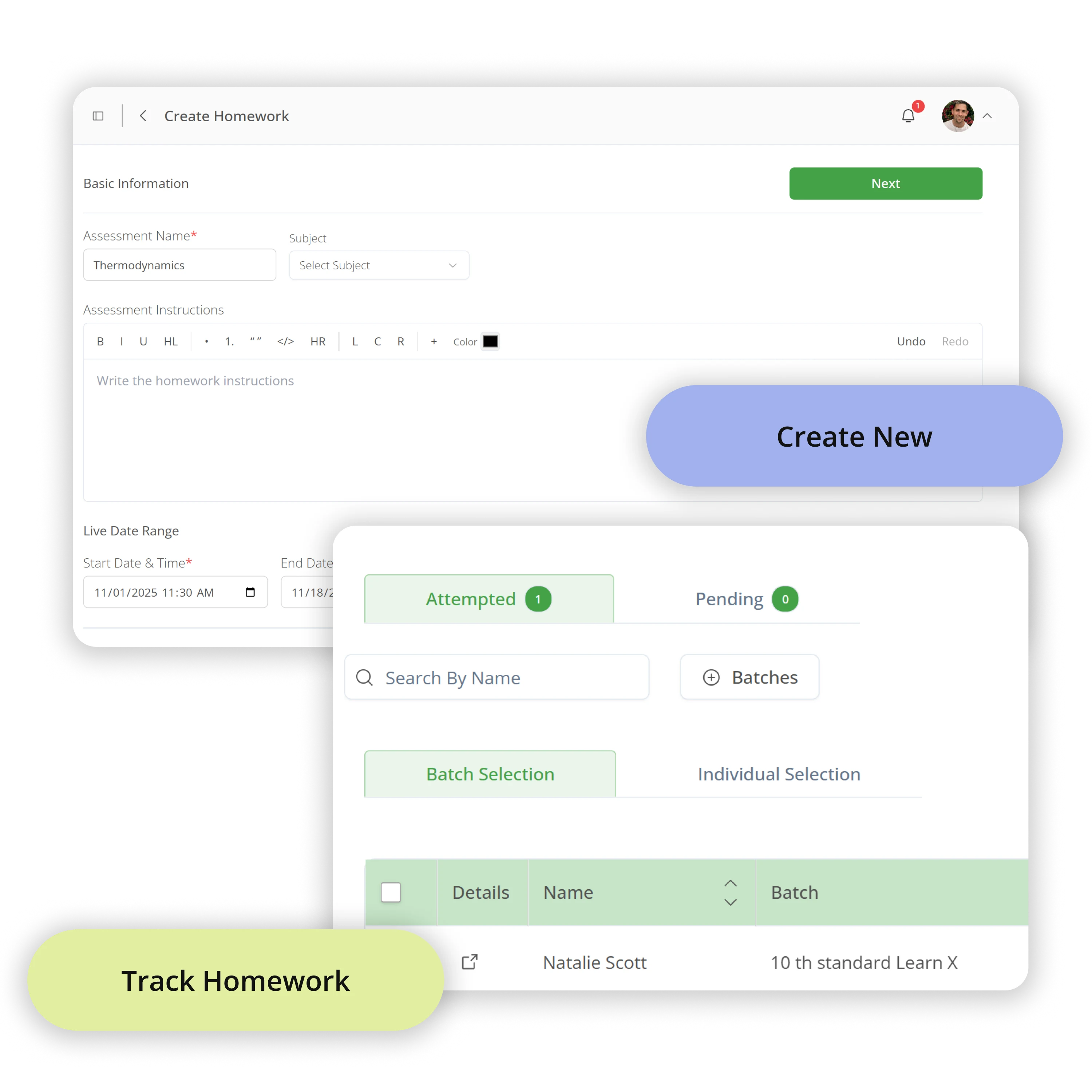 Homework and Assignment Manager feature