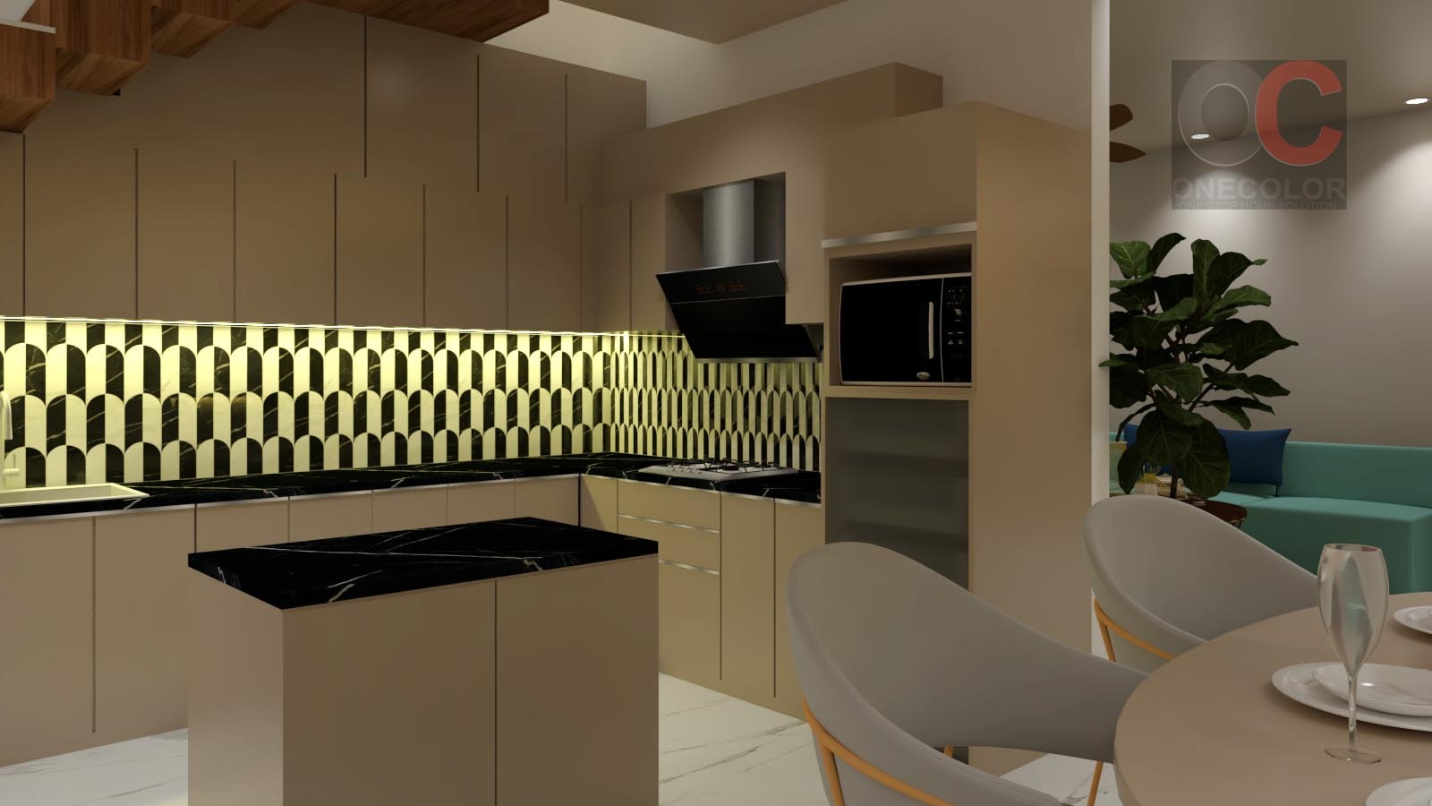 Contemporary kitchen interior design with modern appliances and sleek countertops by OneColor Interiors