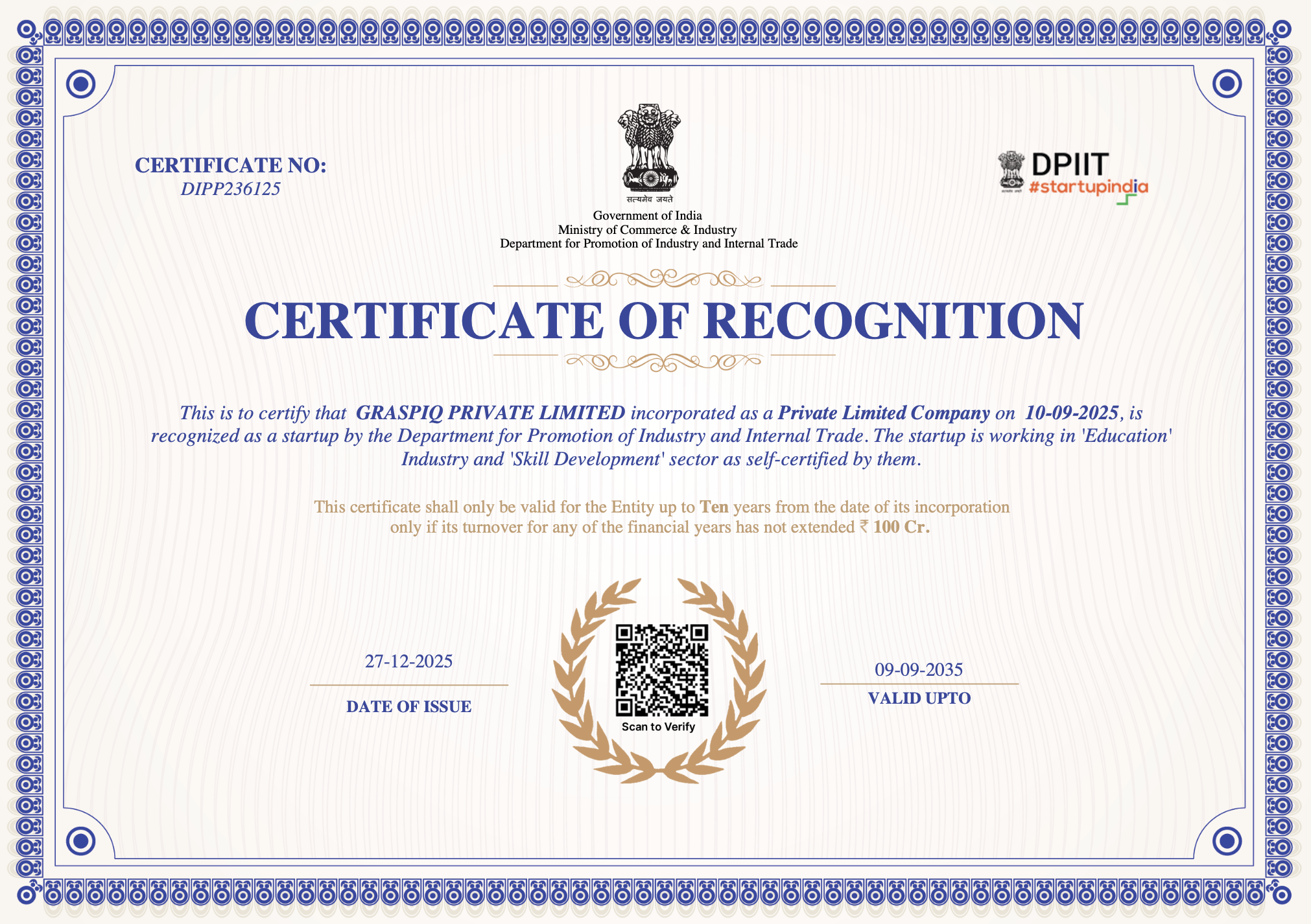 Startup India Certificate
