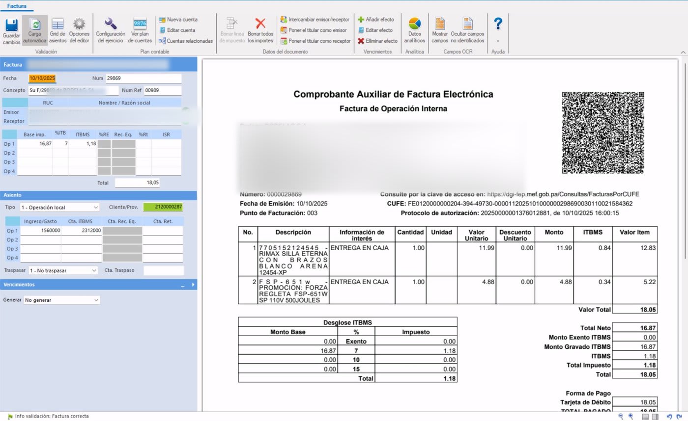 Pantalla de revisión de factura con asiento contable propuesto y campos pre-rellenados para edición humana