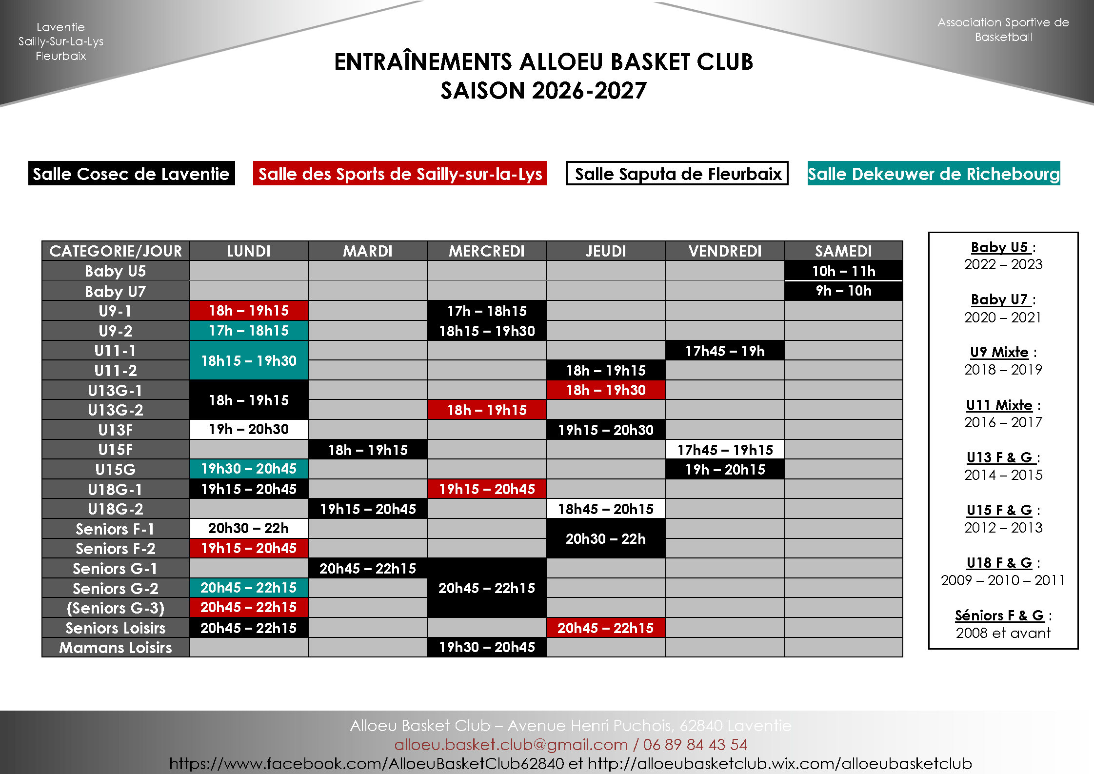 Planning des entraînements Alloeu Basket Club
