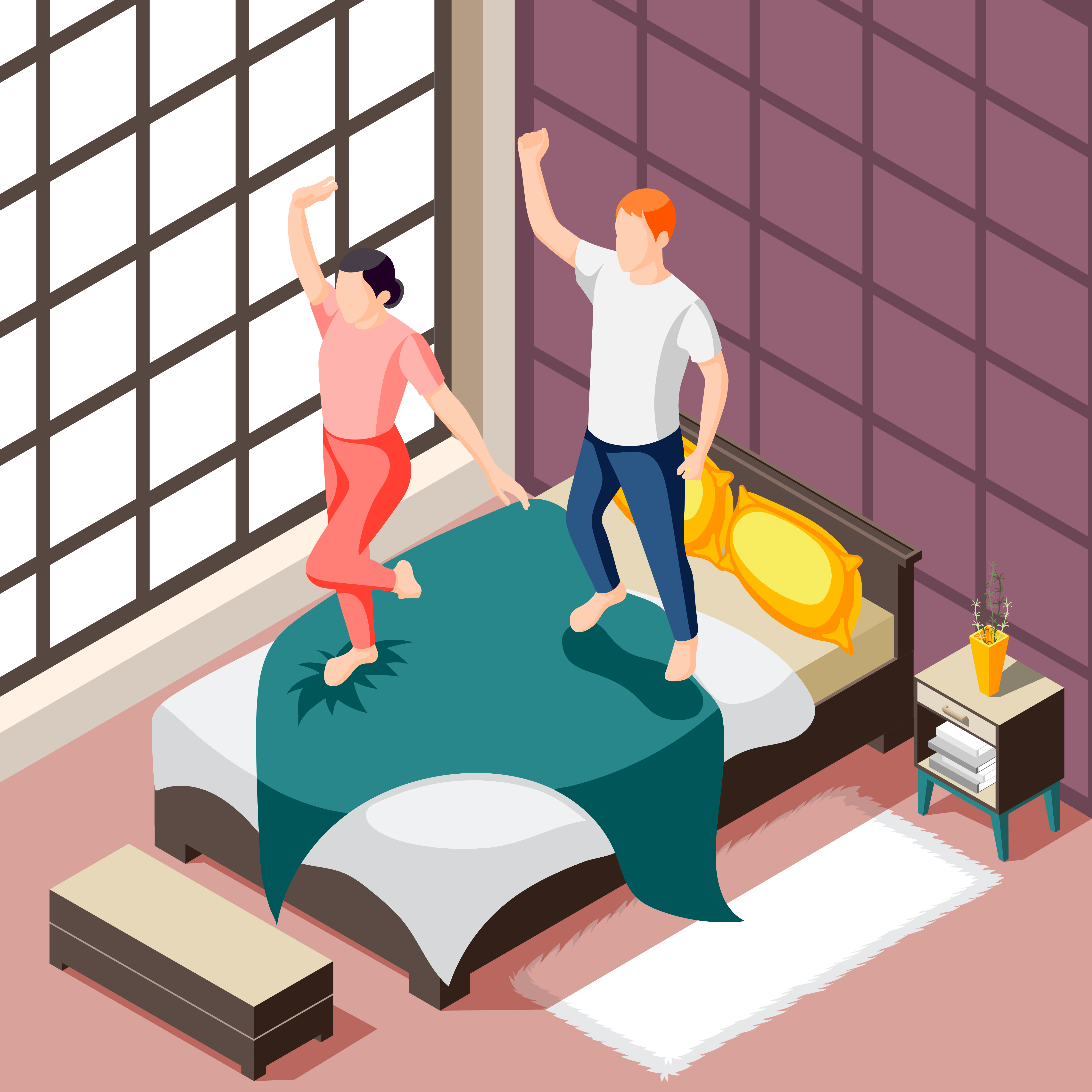 Man and woman performing physical exercises on bed