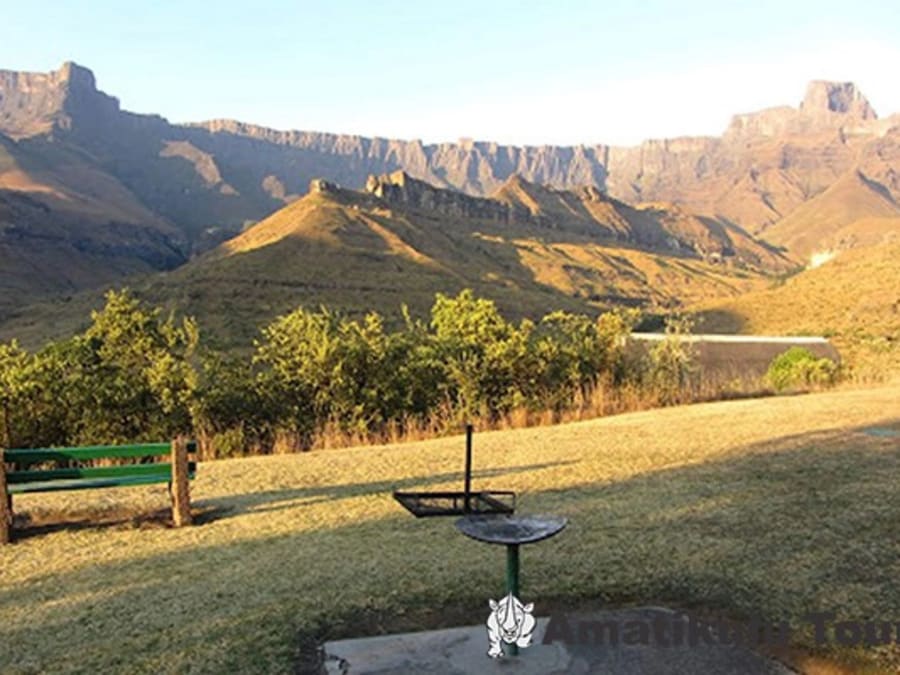 A green valley below the Drakensberg amphitheatre