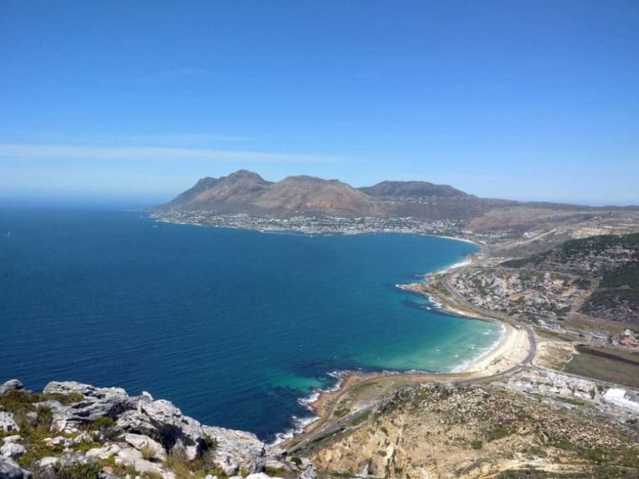 A bay and a mountain seen from high above the sea