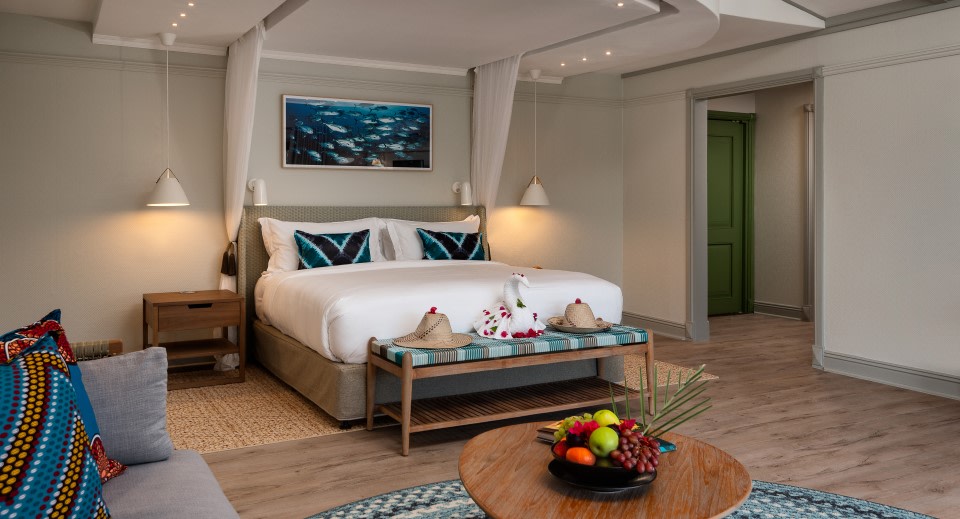 Beach Villa bedroom with king bed and marine theme, Anantara Bazaruto Island Resort