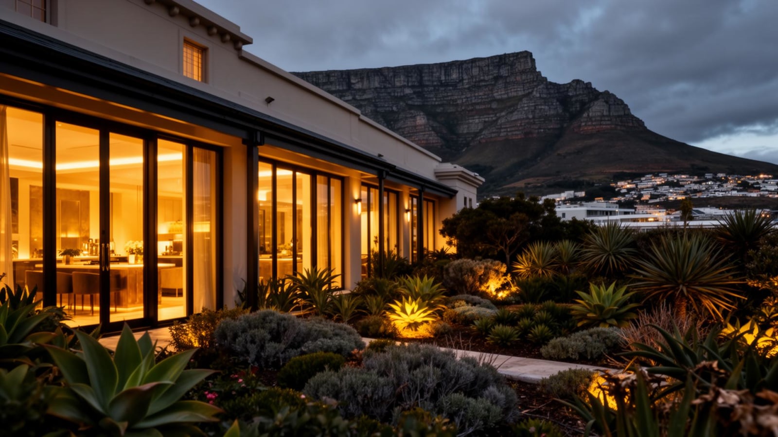 Exterior at dusk, lit rooms and garden with Table Mountain behind