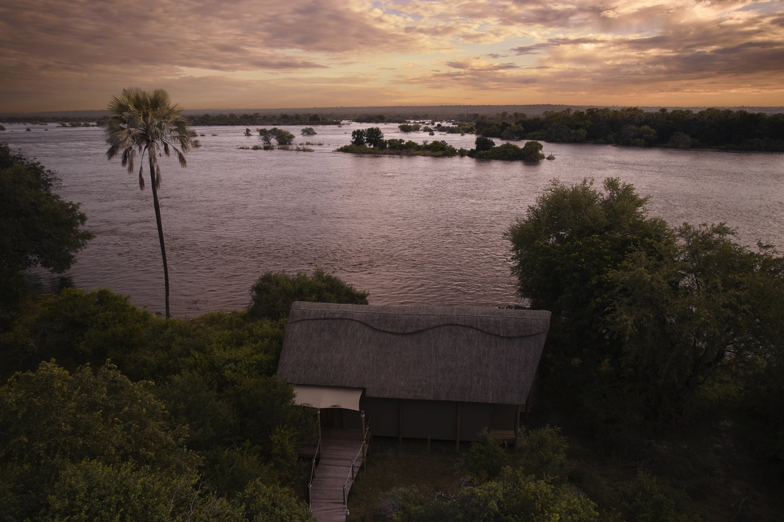 Luxury tented suite from the air at sunset