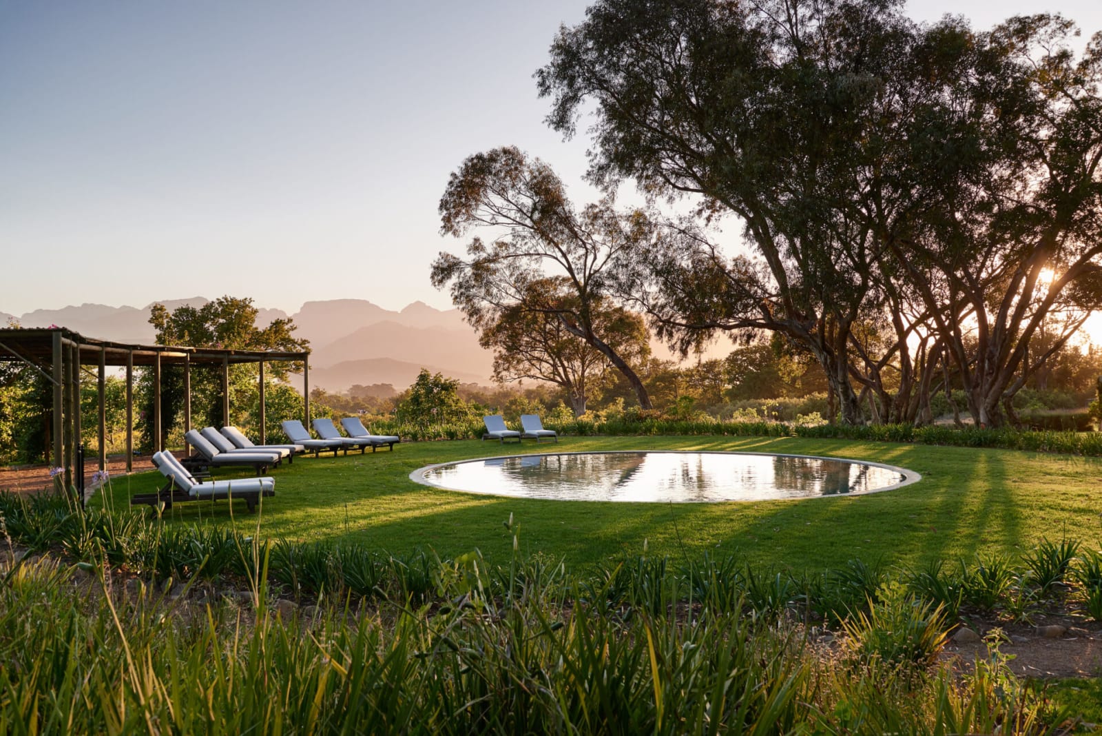 Round shared swimming pool and sun loungers on the lawn at the Orchard Cottages, shaded by old trees