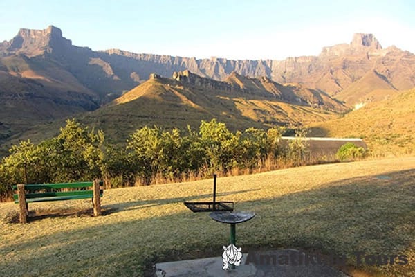 A green valley below the Drakensberg amphitheatre