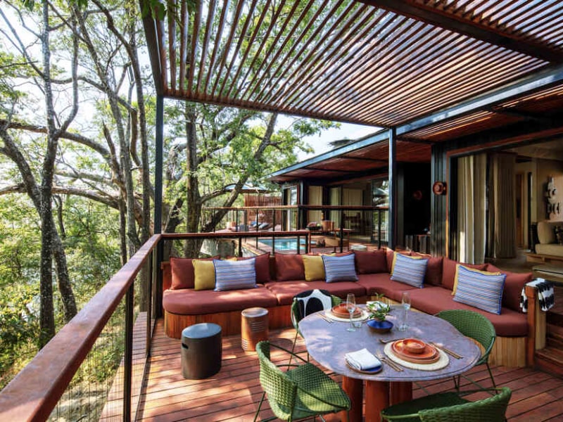 Bush Pool Villa terrace among the trees, Anantara Tented Camp Kafue River