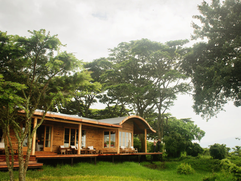 Exterior view of a rustic wooden lodge with a deck and arched roof surrounded by lush green trees.