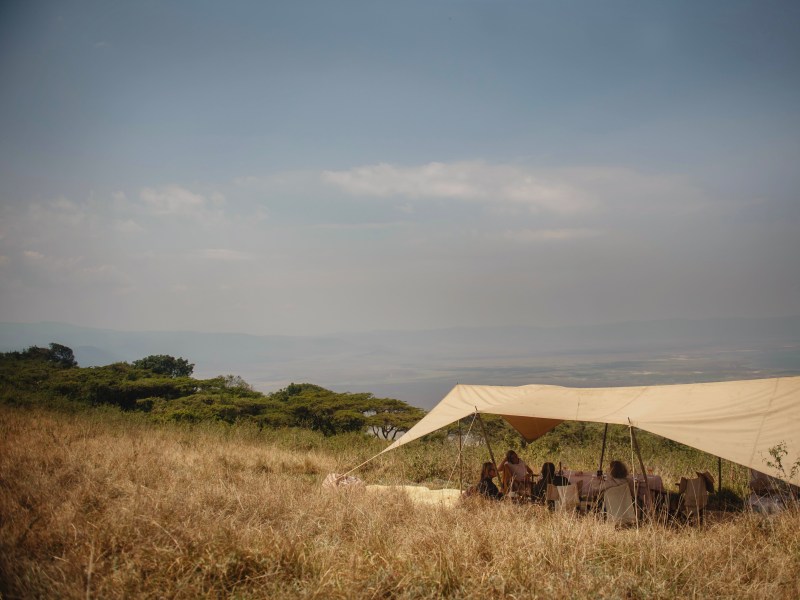 A group of people enjoying a picnic under a large canopy overlooking a wide valley in a grassy savanna.