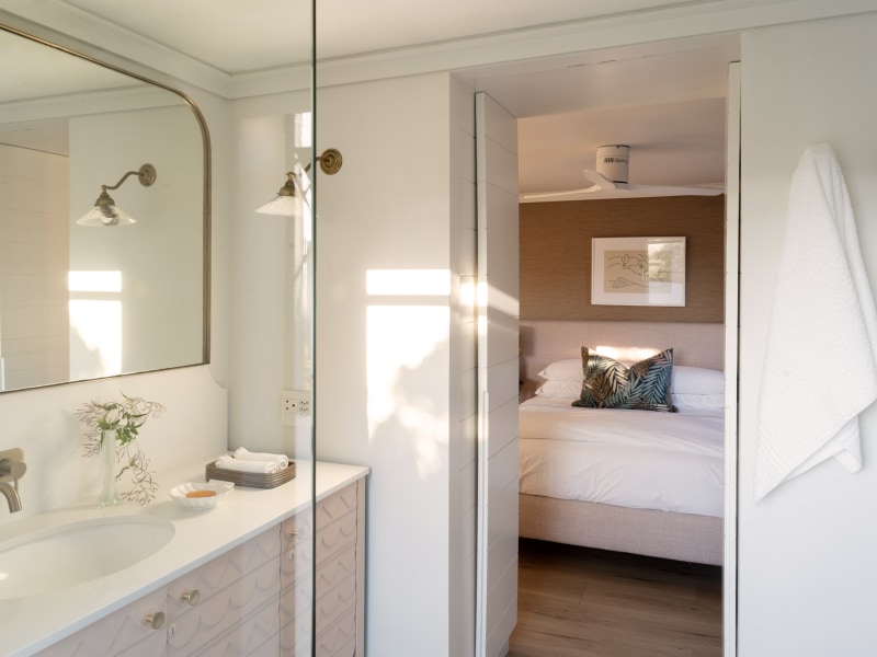Bathroom vanity, with the bedroom beyond