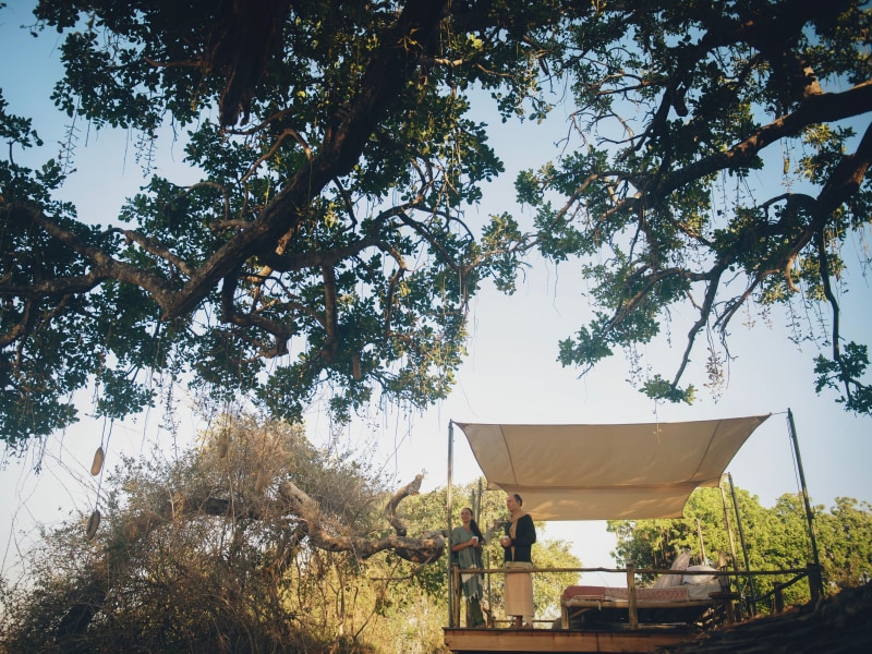 A couple standing on an elevated wooden safari deck under the canopy of a large sausage tree during the early morning.