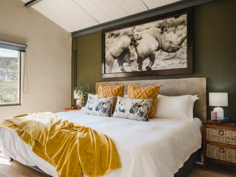 A bedroom at Kudukloof with a rhino artwork and Karoo view