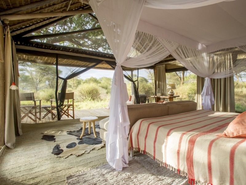 Luxury safari tent interior with a canopy bed and panoramic views of the African savannah.