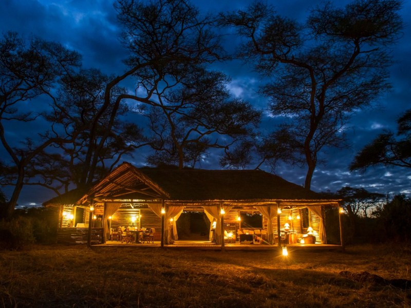A warm, glowing wooden lodge at night under a deep blue sky and silhouetted trees.