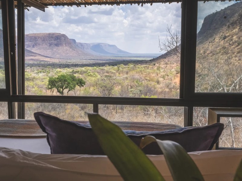 Bed facing the valley through floor-to-ceiling glass, Marataba Mountain Lodge