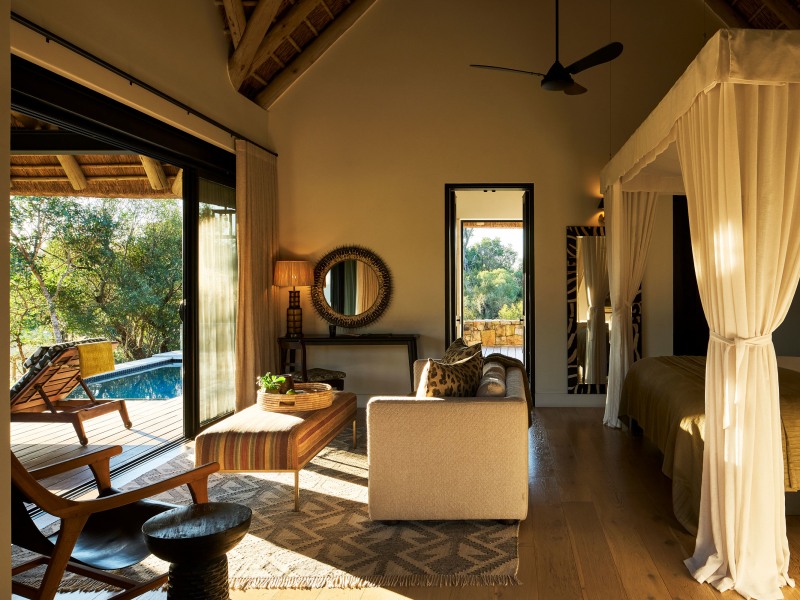Suite bedroom and lounge opening onto the plunge pool, Monwana Game Lodge
