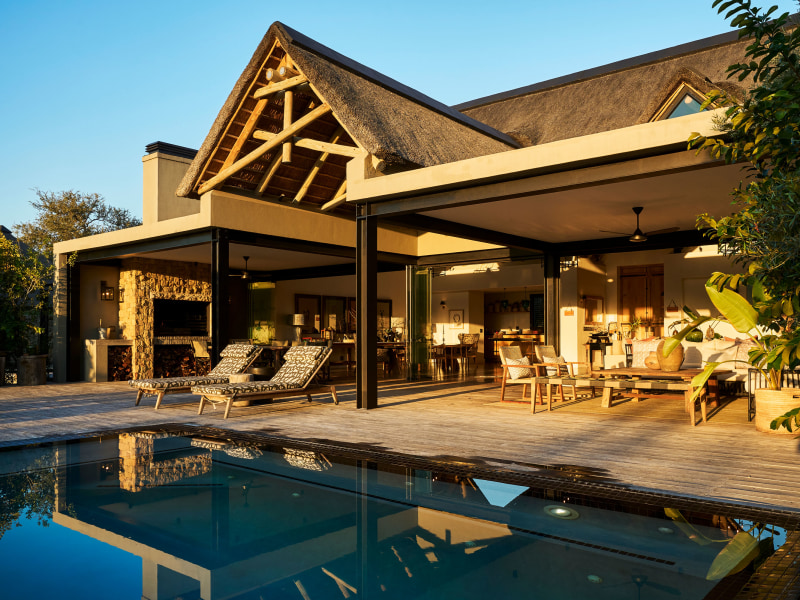 Pool and terrace at golden hour, Monwana Villa