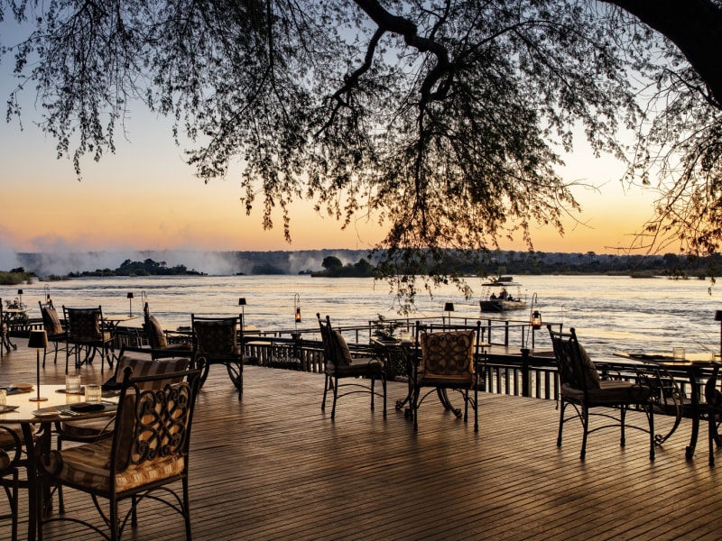Kubu deck overlooking the Zambezi at sunset, The Royal Livingstone