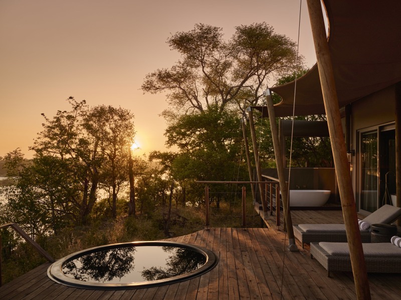 Superior family tent deck at sunset