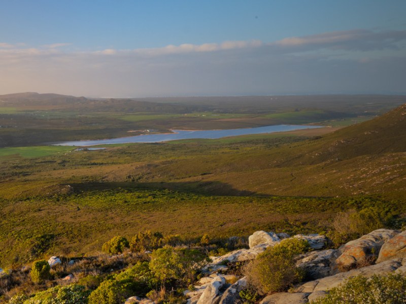 A wide fynbos valley with a winding stretch of water, seen from a rocky hilltop in soft evening light