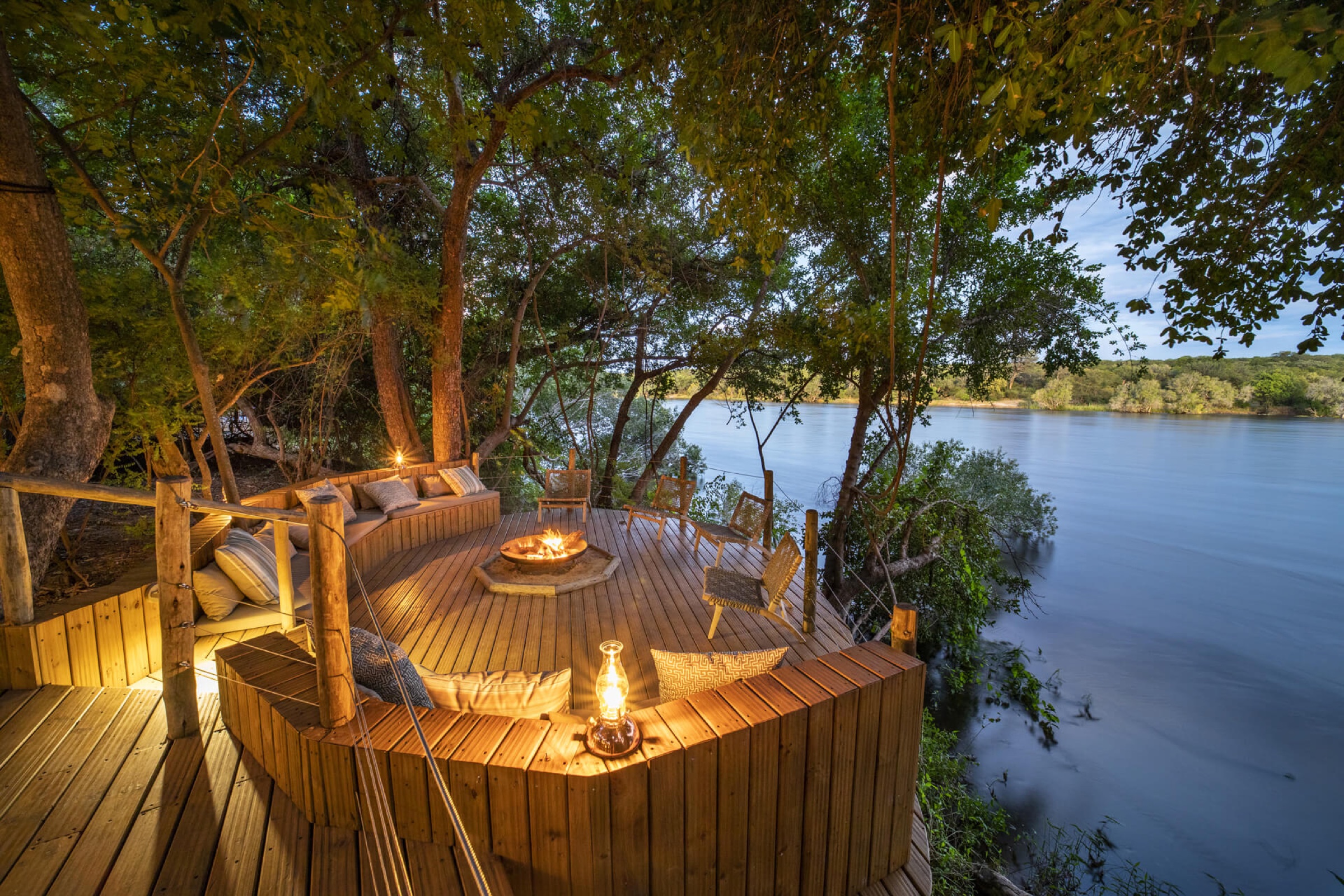 A deck over the Zambezi at dusk