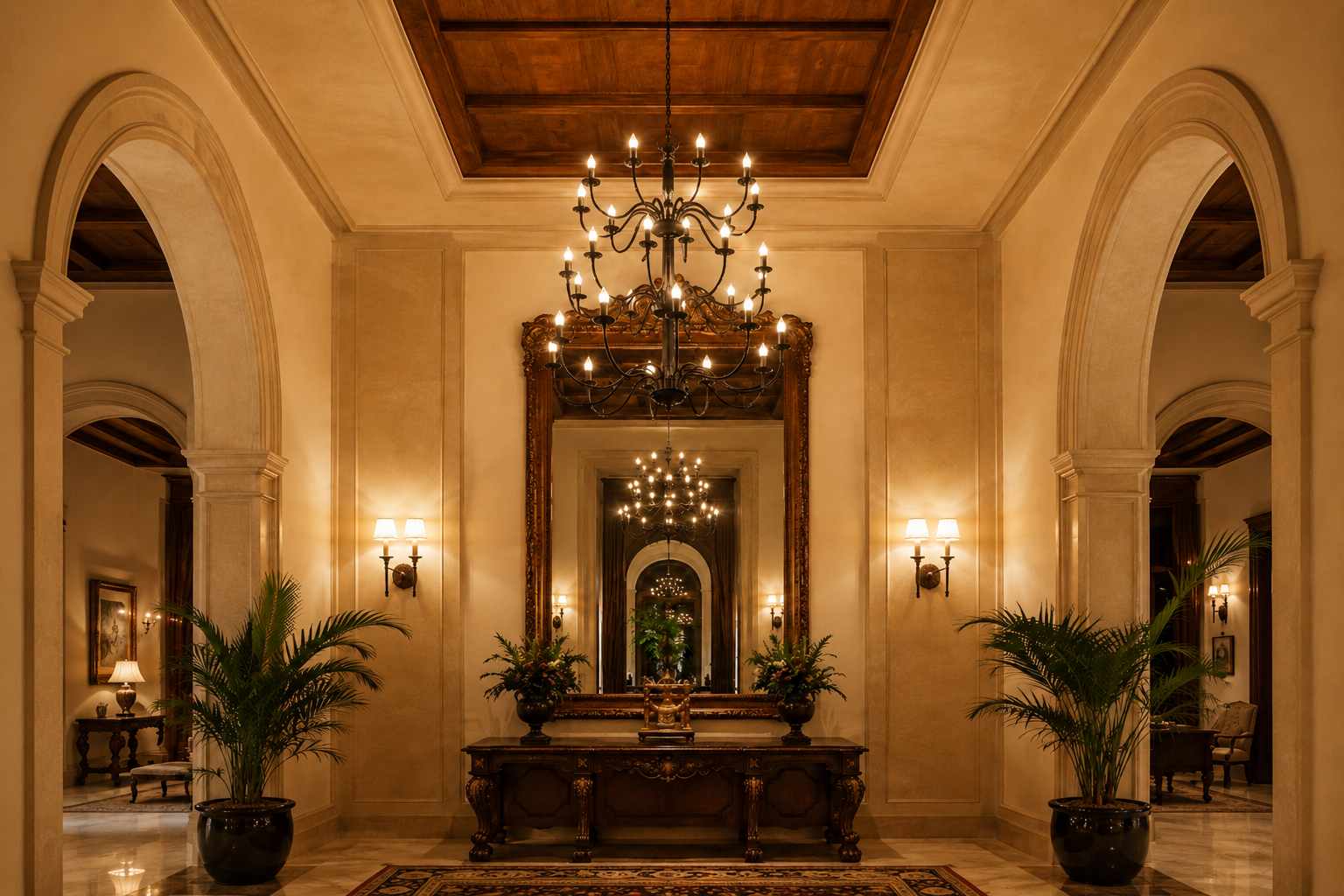 Grand chandelier in ornate lobby