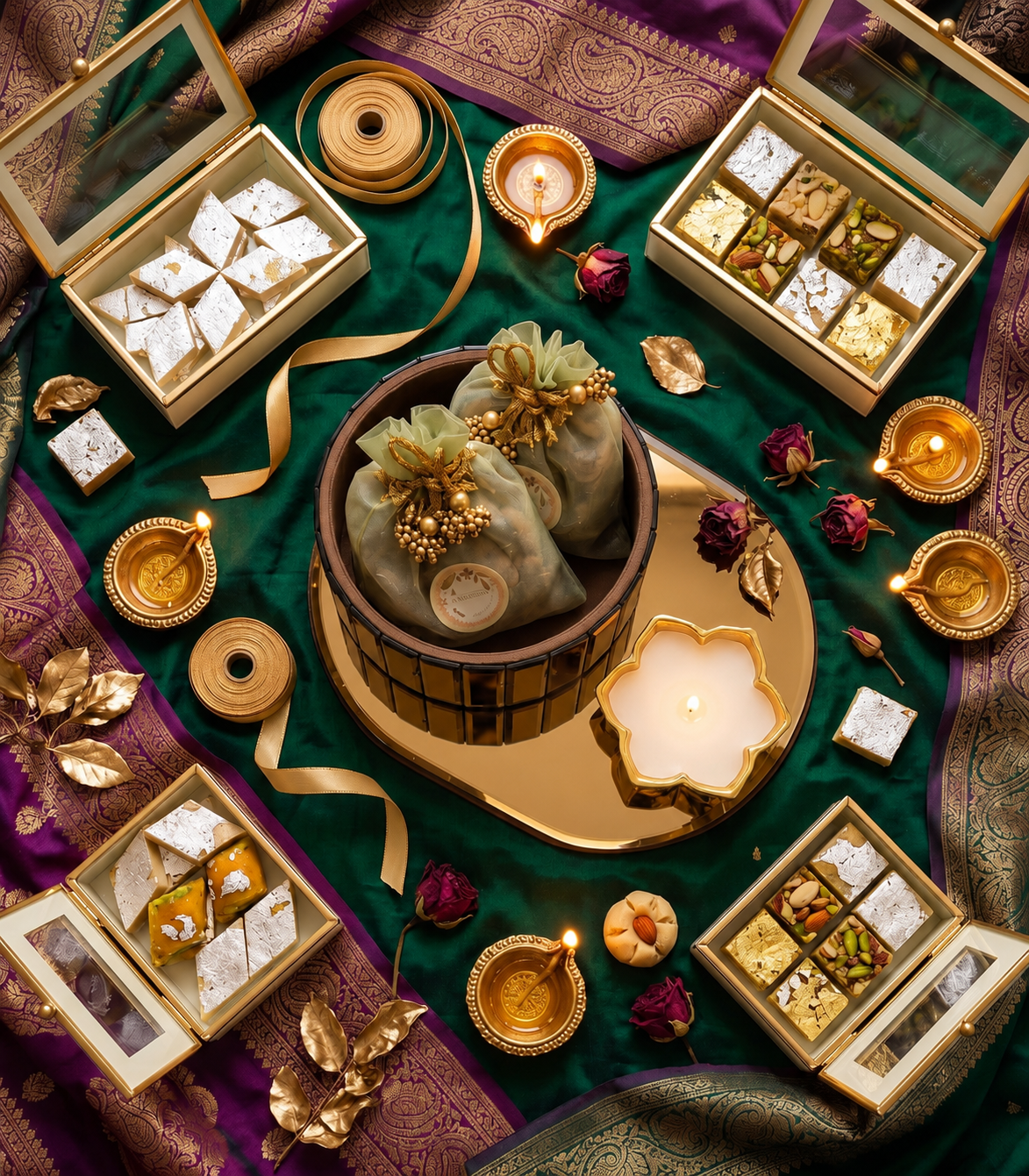 Festive hamper tray styled with diyas and marigolds