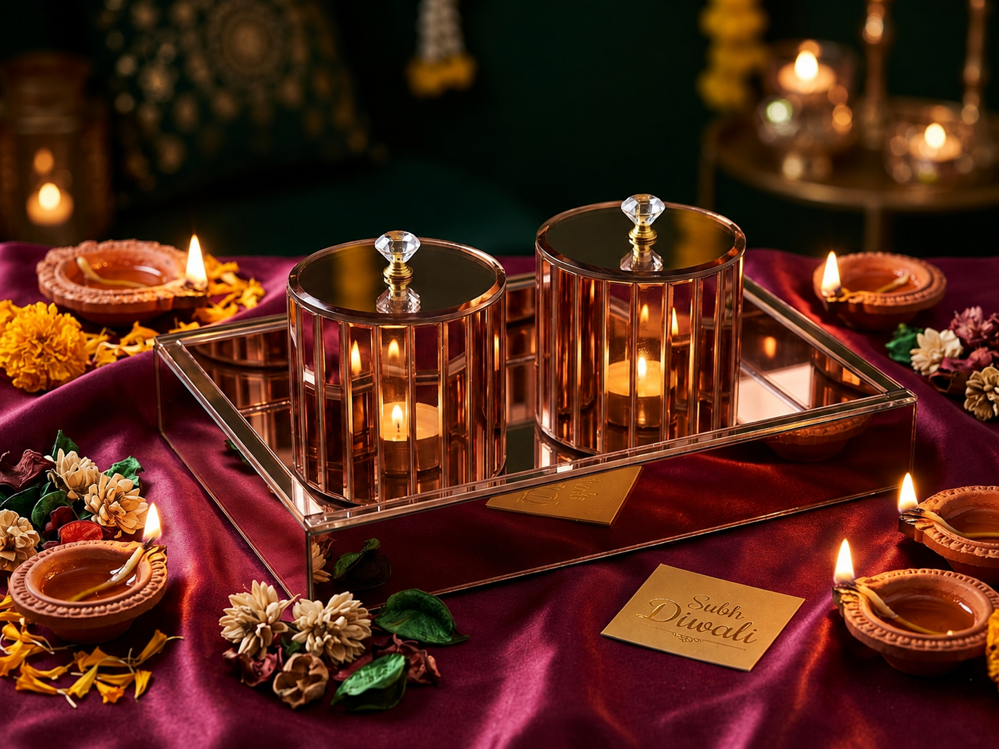 Rose-gold tray with gold detailing on jewel-tone velvet