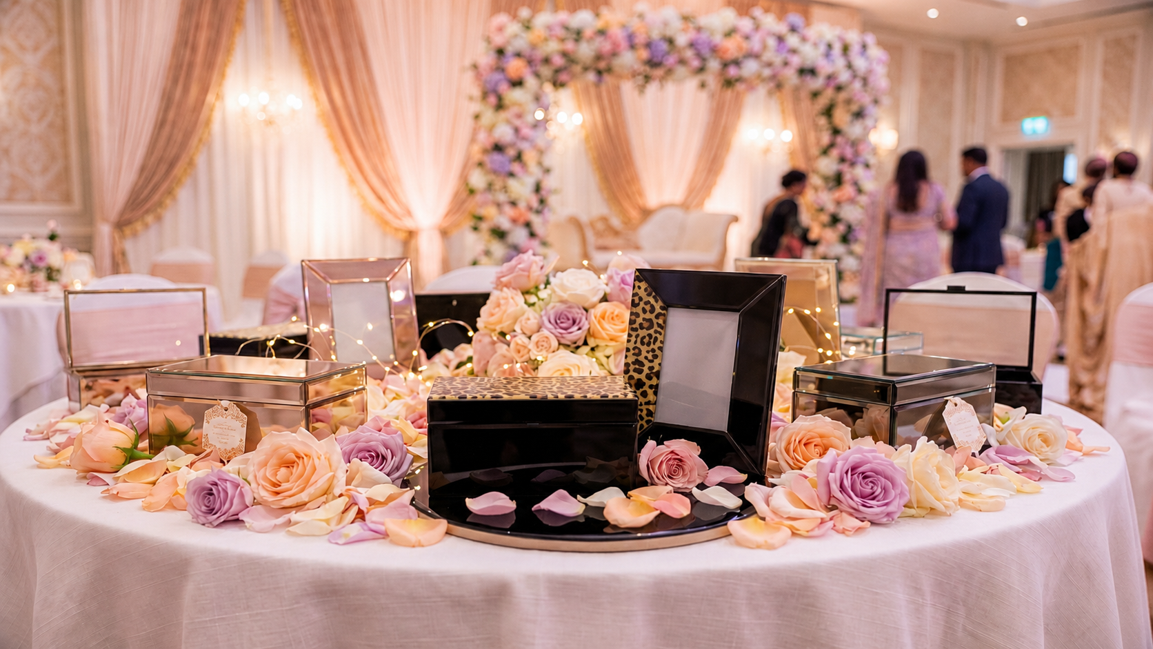 Rose-gold lacquered gift box with cream ribbon