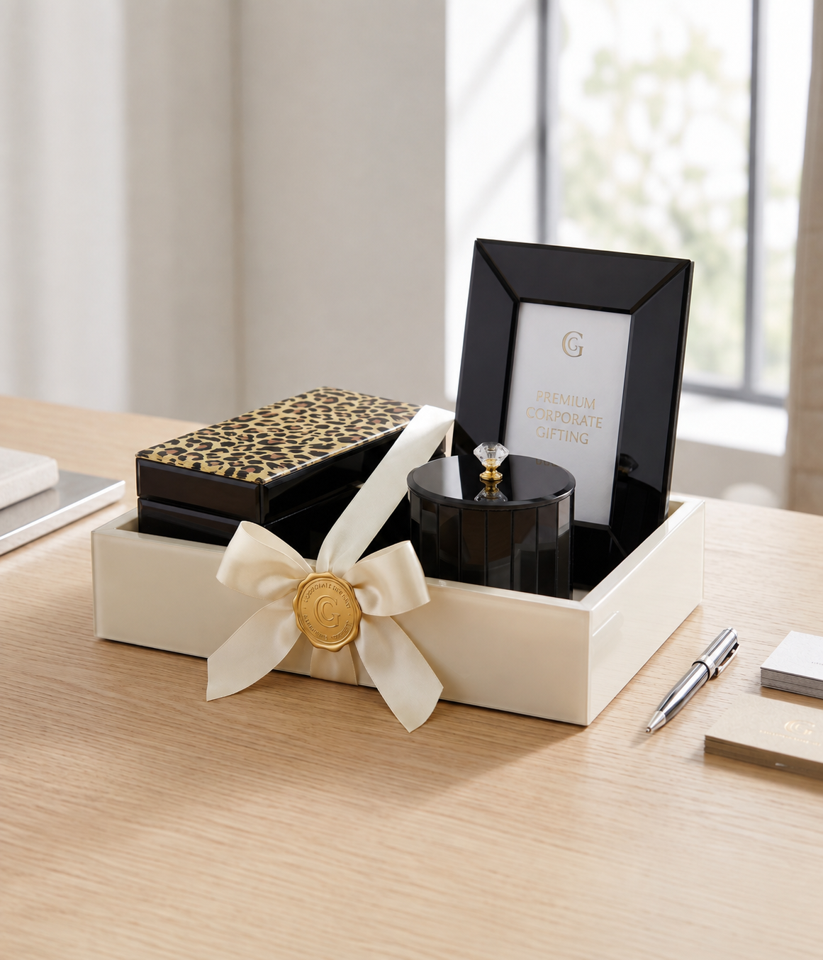 Ivory boxes with emblem closures for corporate gifting