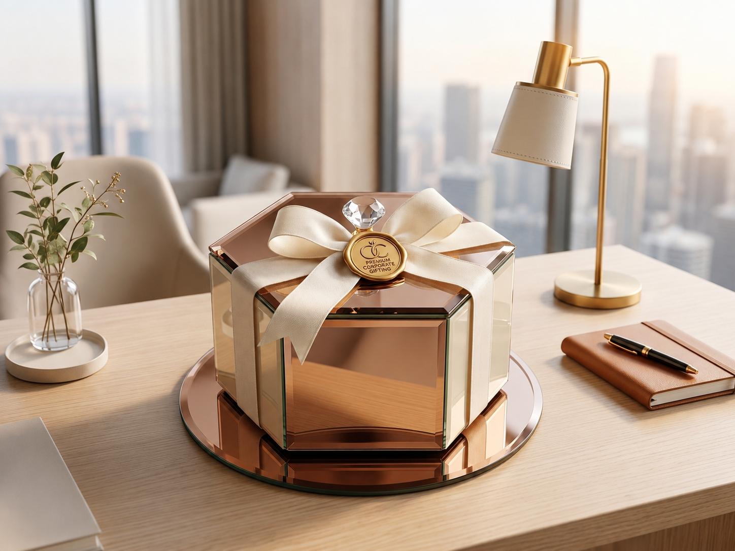 Rose-gold mirrored hamper tray styled with white roses