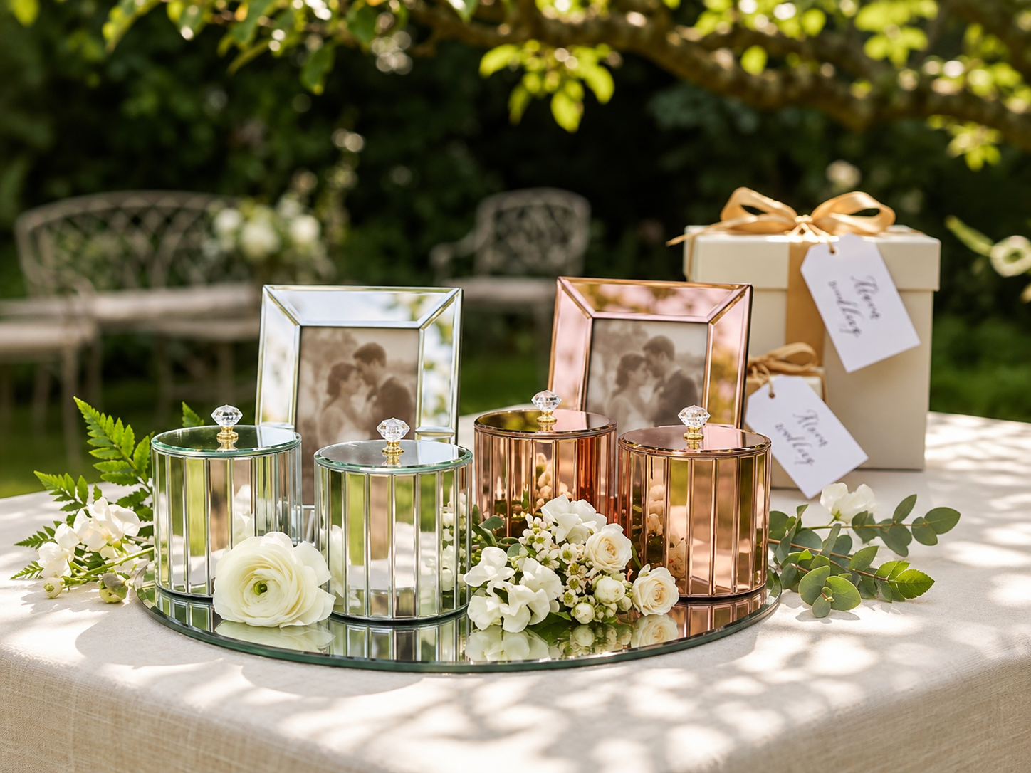 Mirror gift trays styled with framed photographs and white florals
